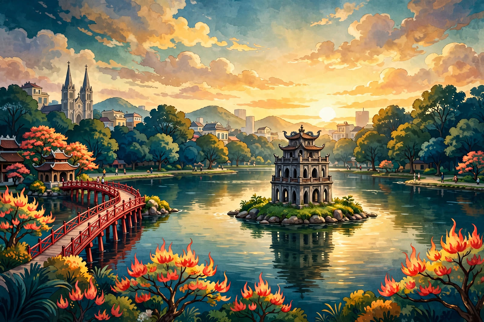 Illustrated scene of The Lake and the South Gate: Hoan Kiem Lake, the Cathedral and sunset walks