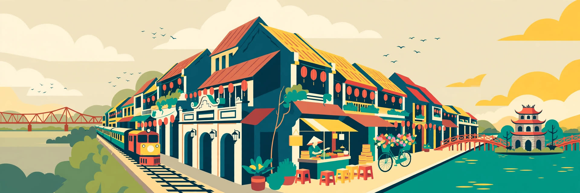 Illustrated panorama of Hanoi: Long Bien bridge, train street, merchant houses, lanterns, street food, flower bicycles, Hoan Kiem lake and Turtle Tower